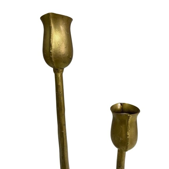 Pair Forged &Molded Iron Taper Candle Holders Gold Tone Brutalist Style 12" & 8" - Picture 4 of 5
